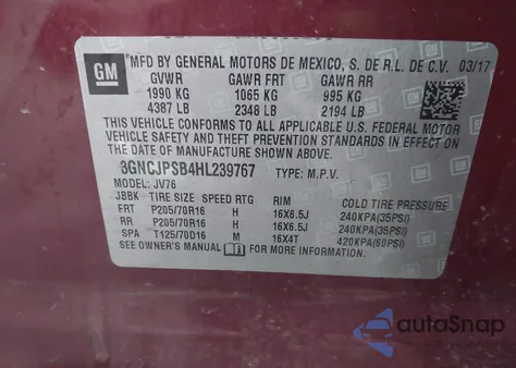 2017 Chevrolet Trax Lt из США, поврежденный, VIN 3GNCJPSB4HL239767